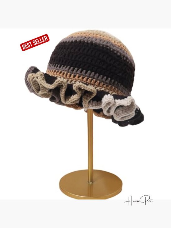 Crochet Ruffle Bucket Hat Acrylic Handmade Winter Beanie Cap
